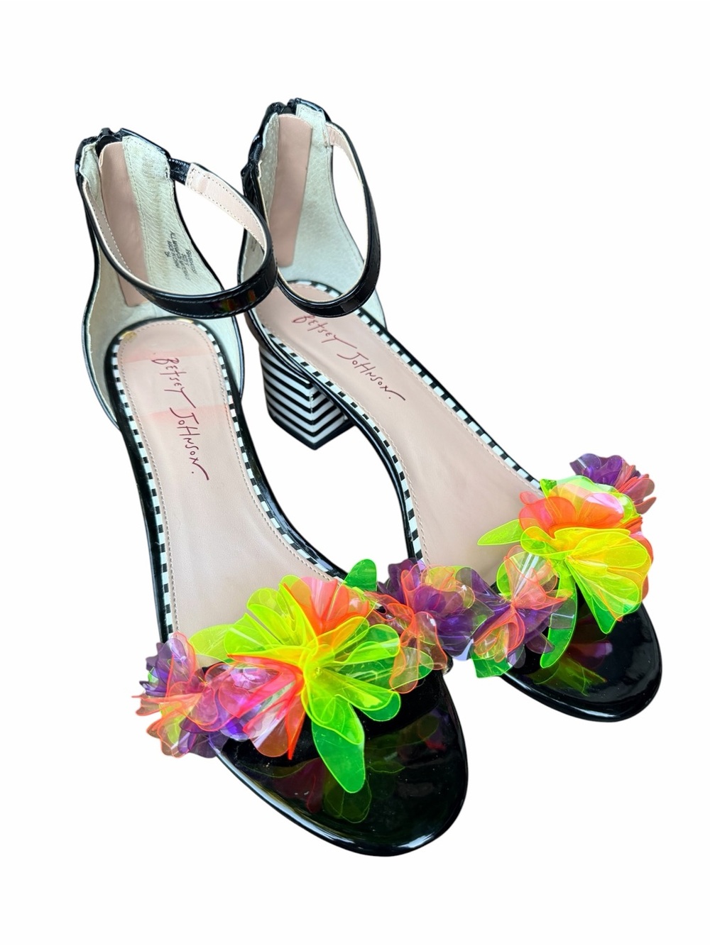 Betsey Johnson Iria Floral Striped Ankle Strap Heels Neon Block Heel Size 9